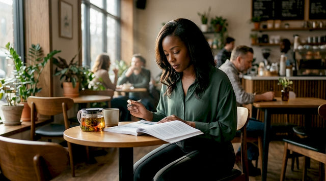 Professional woman reviewing report at desk