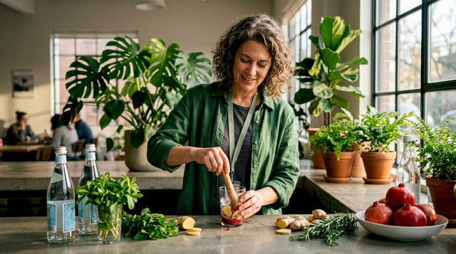 Woman preparing non-alcoholic cucumber mint drink