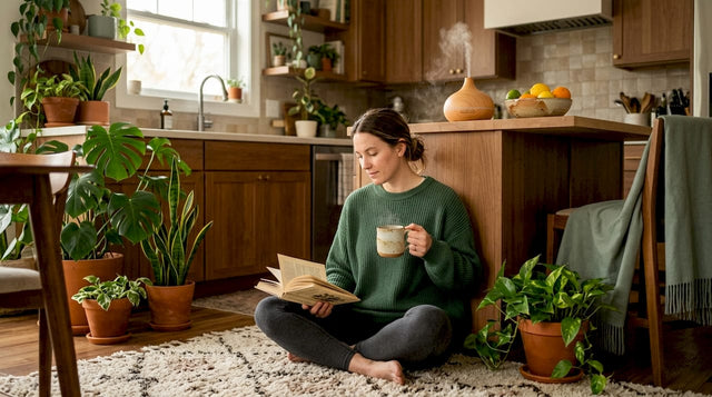 Woman enjoying herbal tea in cozy home living room