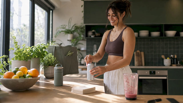 Woman opening THC seltzer in kitchen