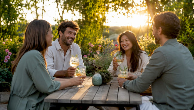 Diverse group socializing with alcohol-free drinks at work event