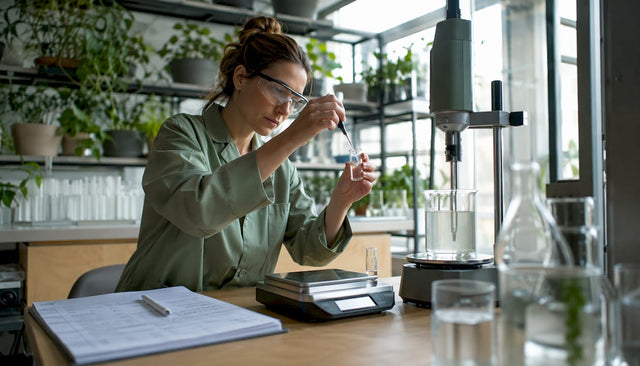 Scientist examining THC-infused water sample in lab
