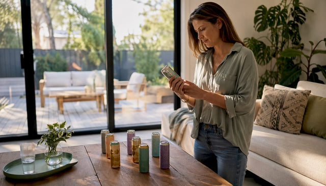 Woman examining THC beverage labels at home kitchen