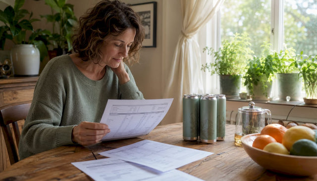 Woman examining THC beverage COA documents at kitchen table