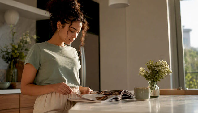 Woman browsing THC seltzer options on tablet