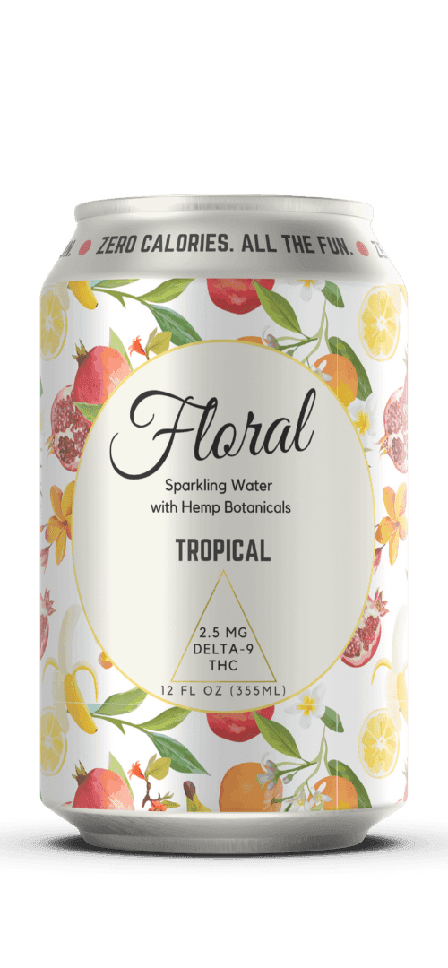 Tropical THC Seltzer with vibrant tropical fruit flavors, cannabis-infused for a refreshing and uplifting beverage experience.