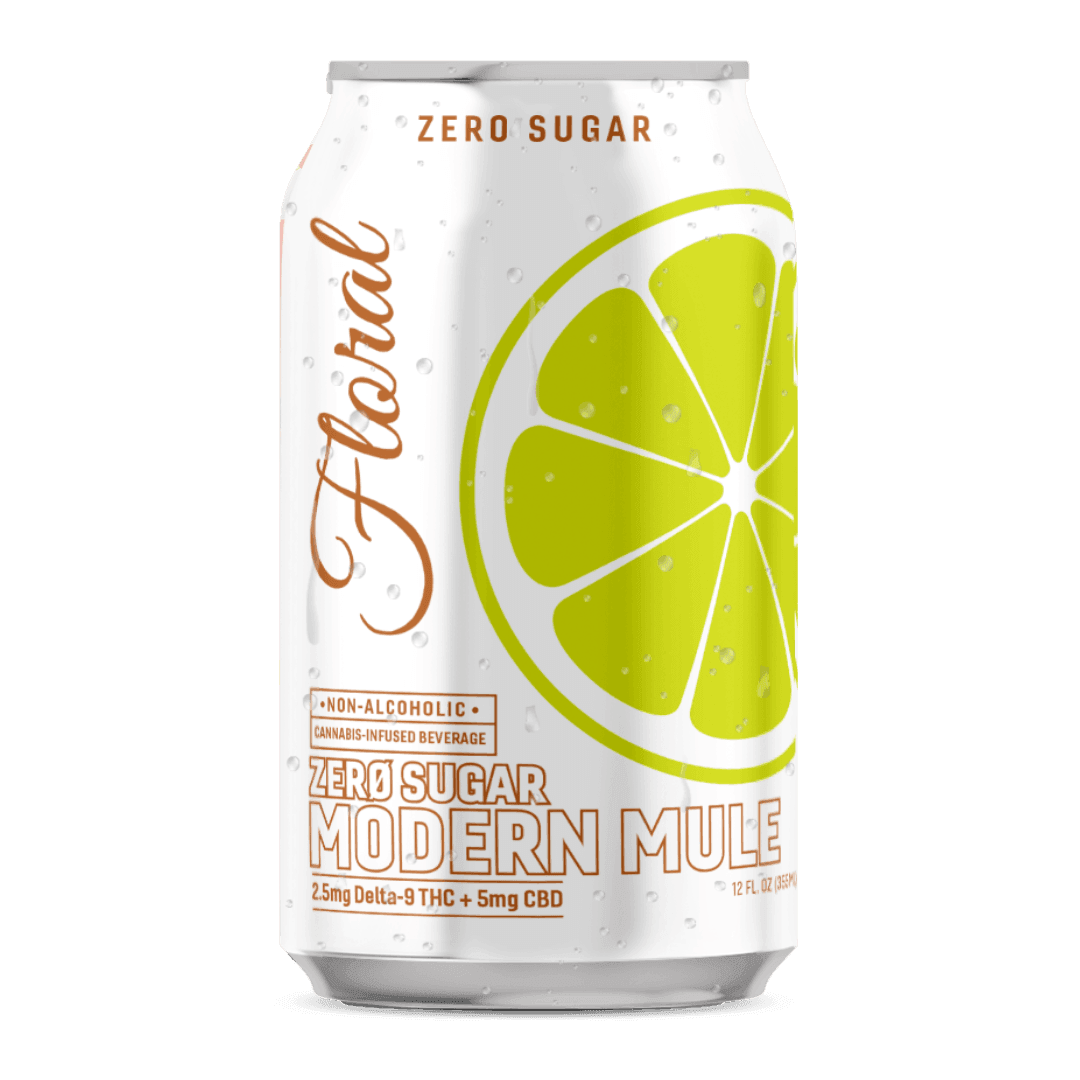 Floral THC Modern Mule Zero Sugar cannabis-infused drink with botanical flavors and no added sugar, refreshing and premium beverage.