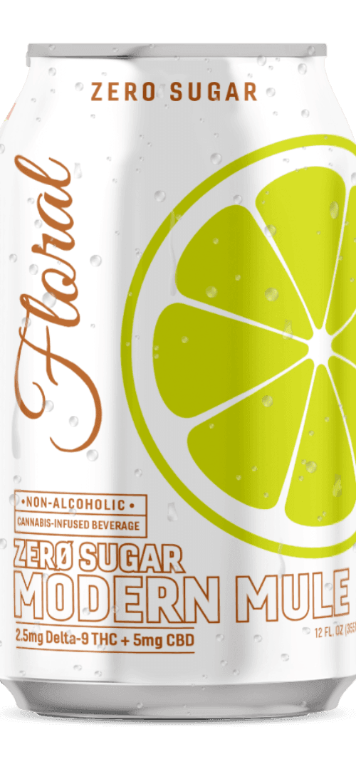 Floral THC Modern Mule Zero Sugar cannabis-infused drink with botanical flavors and no added sugar, refreshing and premium beverage.