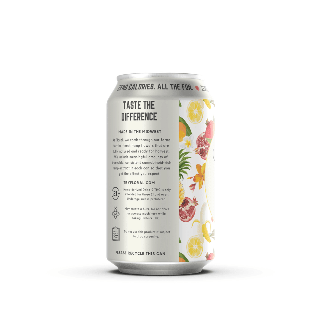 Tropical THC Seltzer with vibrant tropical fruit flavors, cannabis-infused for a refreshing and uplifting beverage experience.