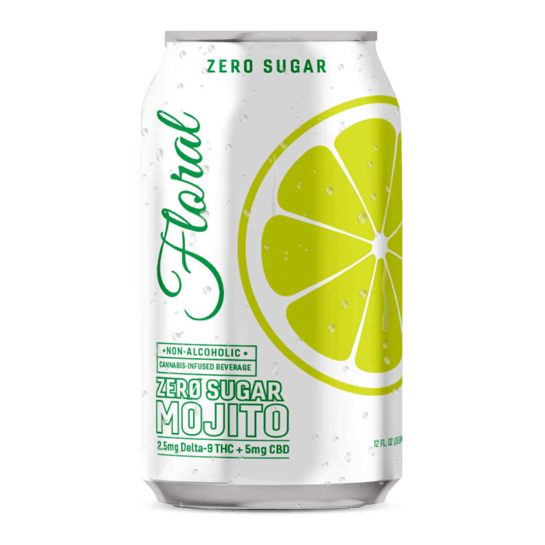 Floral THC Mojito Zero Sugar cannabis-infused drink featuring minty, citrus flavors with no added sugar, refreshing and modern beverage.