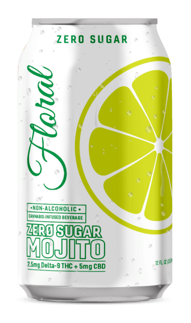 Floral THC Mojito Zero Sugar cannabis-infused drink featuring minty, citrus flavors with no added sugar, refreshing and modern beverage.