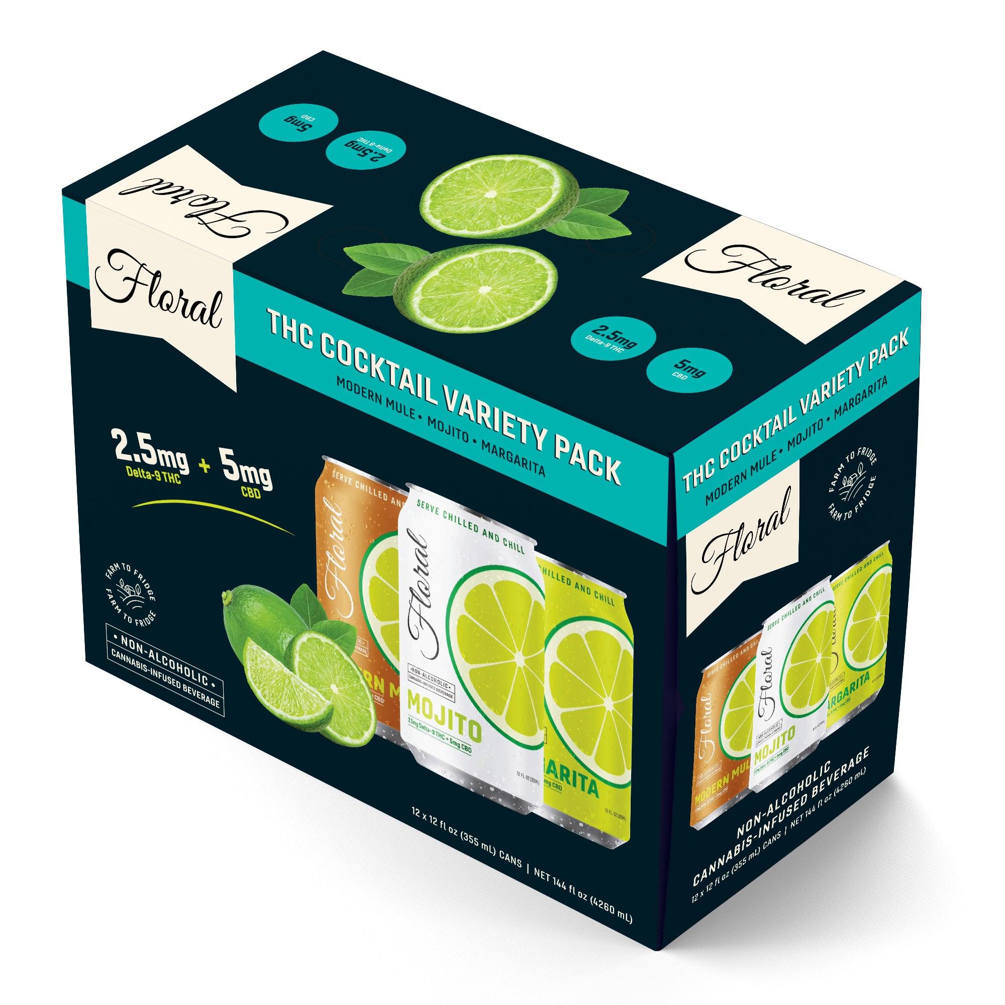 Floral THC Seltzer Variety Pack with multiple flavor options – refreshing cannabis-infused sparkling drink can lineup