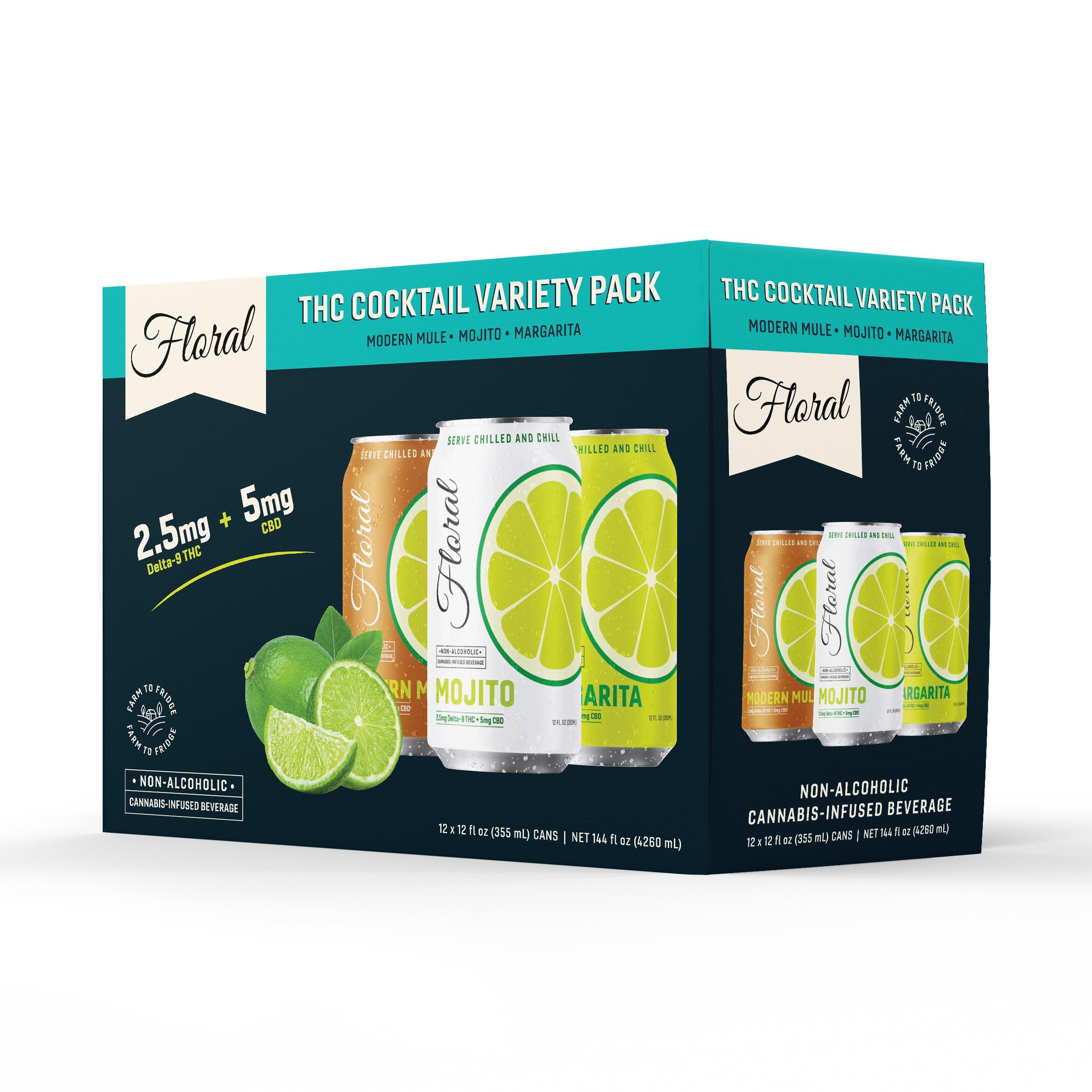 Floral THC Seltzer Variety Pack with multiple flavor options – refreshing cannabis-infused sparkling drink can lineup