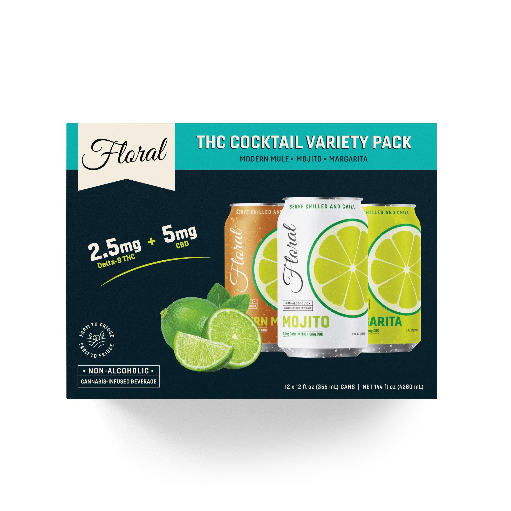Floral THC Seltzer Variety Pack with multiple flavor options – refreshing cannabis-infused sparkling drink can lineup