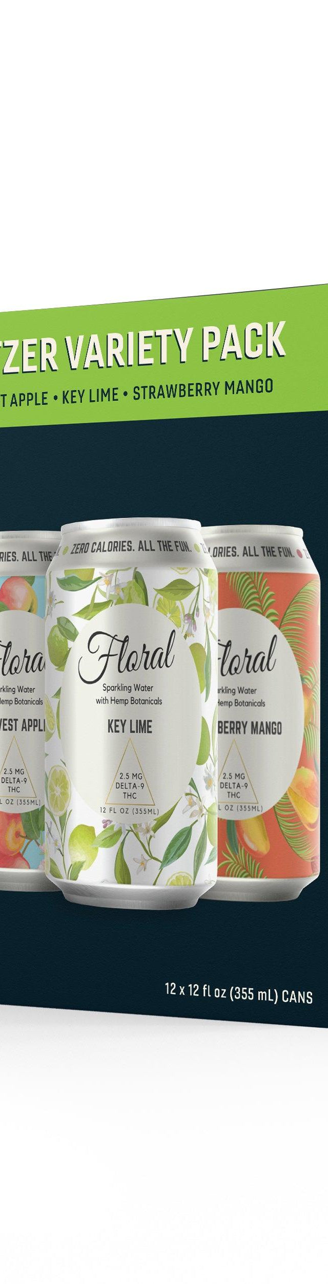 Floral THC Seltzer Variety Pack with multiple flavor options – refreshing cannabis-infused sparkling drink can lineup
