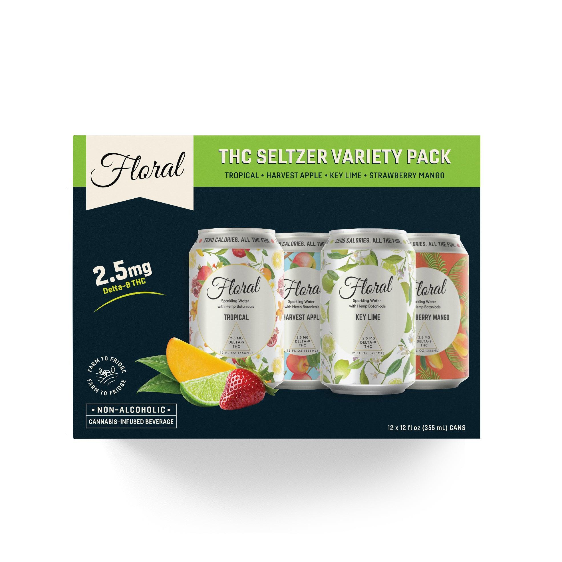 Floral THC Seltzer Variety Pack with multiple flavor options – refreshing cannabis-infused sparkling drink can lineup