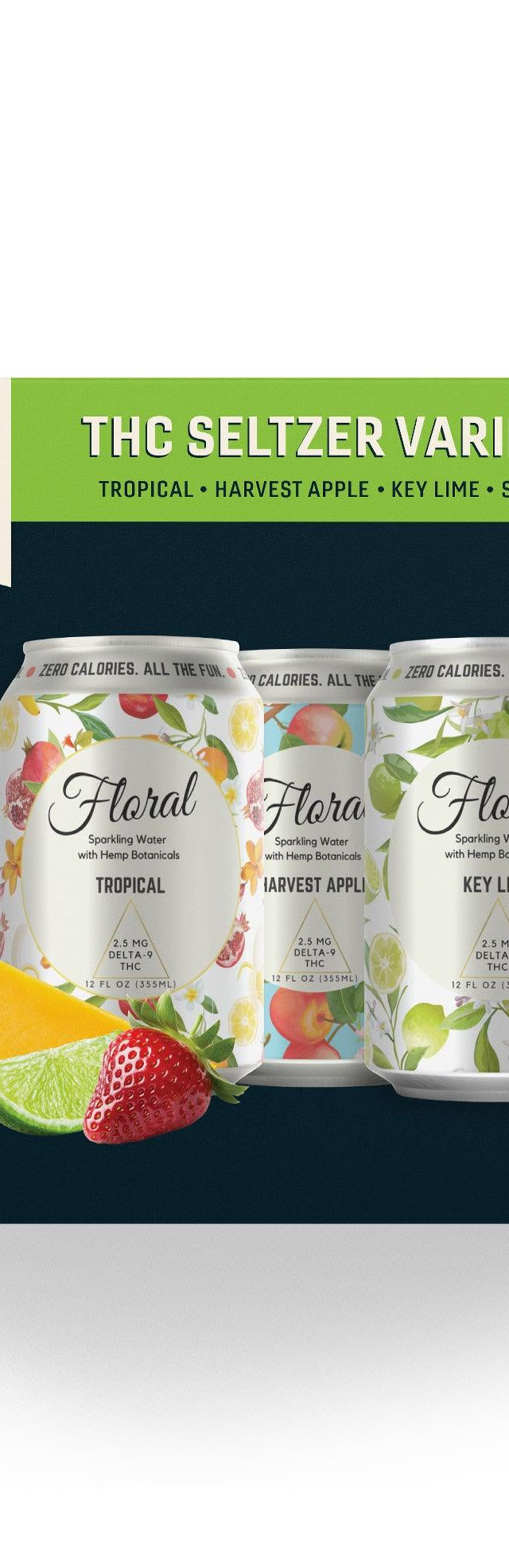 Floral THC Seltzer Variety Pack with multiple flavor options – refreshing cannabis-infused sparkling drink can lineup