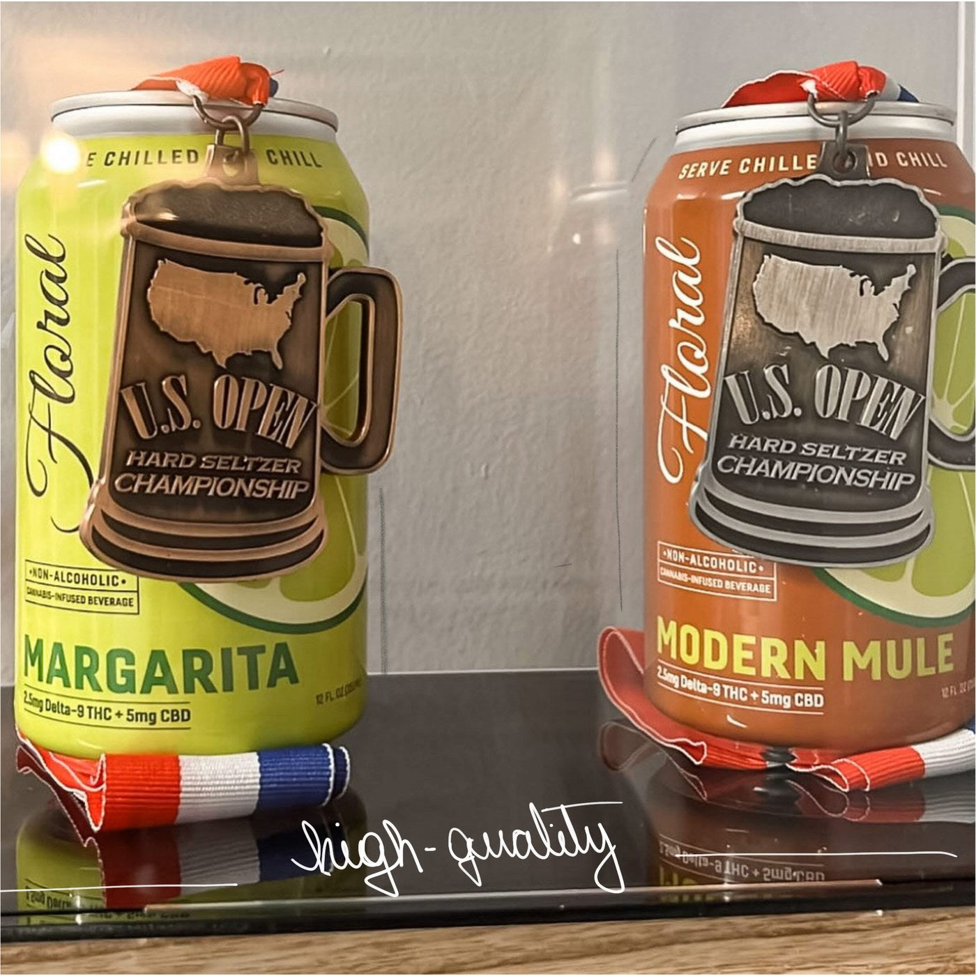 U.S. Open Hard Seltzer Championship medals on Floral cans
