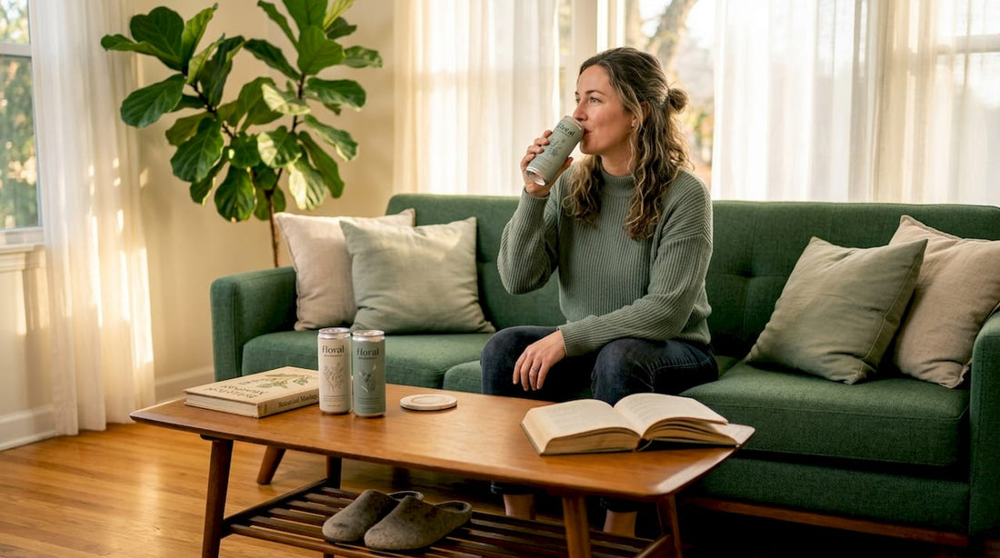Woman relaxing with THC drink on sofa