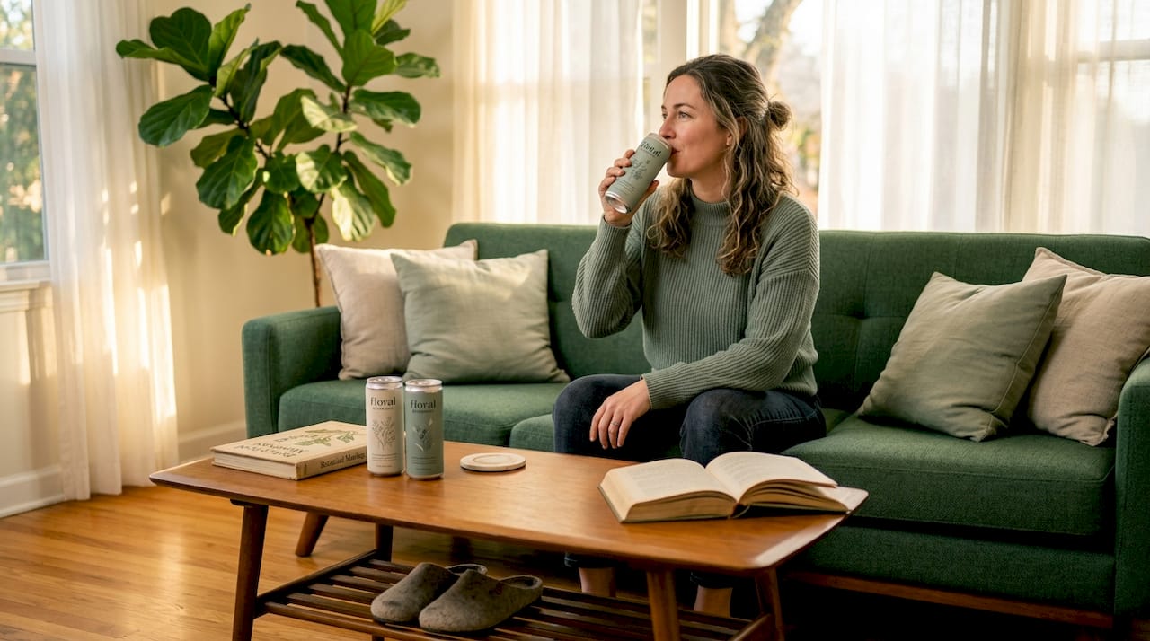 Woman relaxing with THC drink on sofa