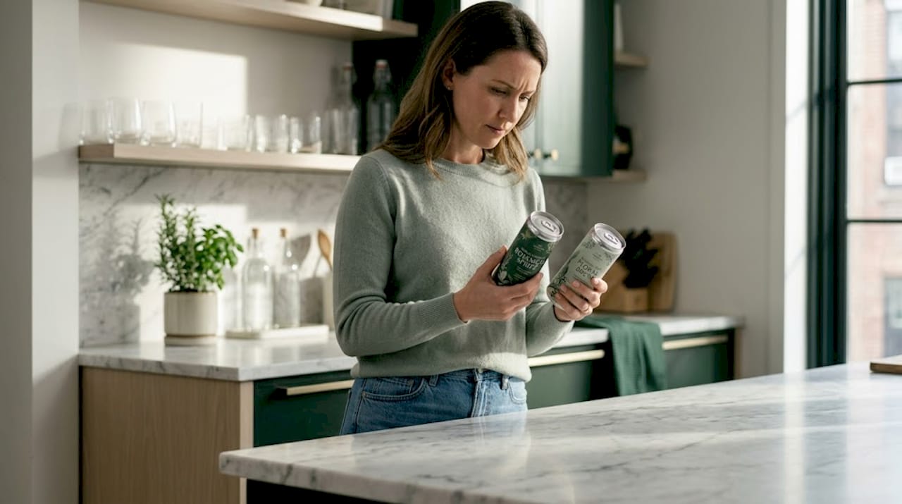 Woman compares beverage labels in kitchen