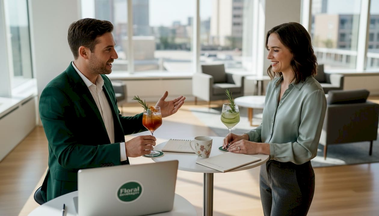 Professionals networking with non-alcoholic drinks