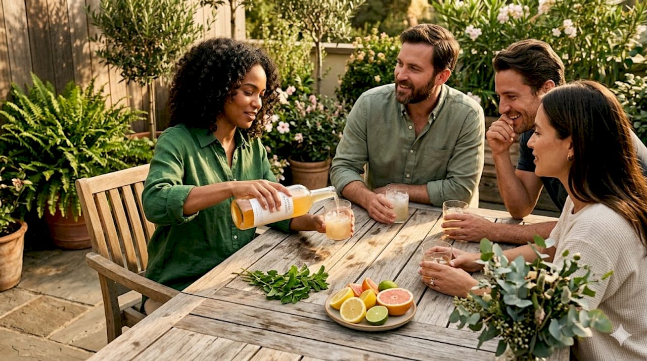 Adults sharing premium THC drinks in modern kitchen