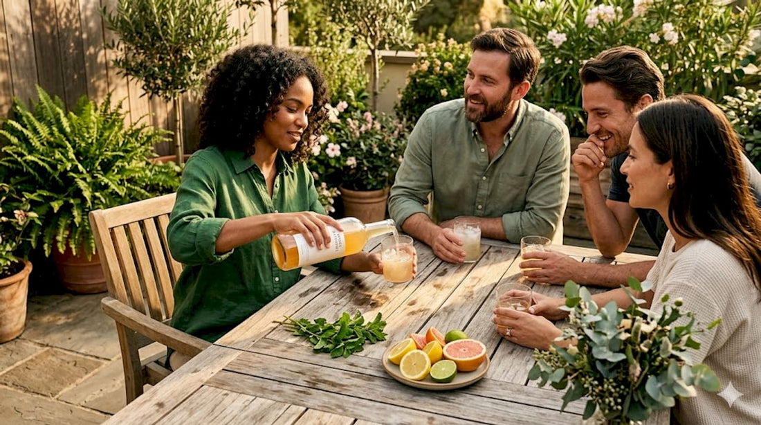 Adults sharing premium THC drinks in modern kitchen