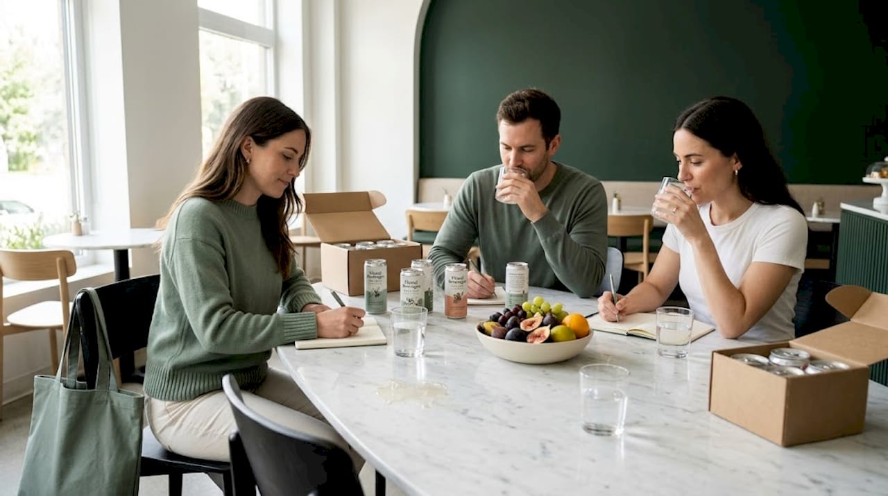 Adults comparing THC seltzer brands at kitchen table
