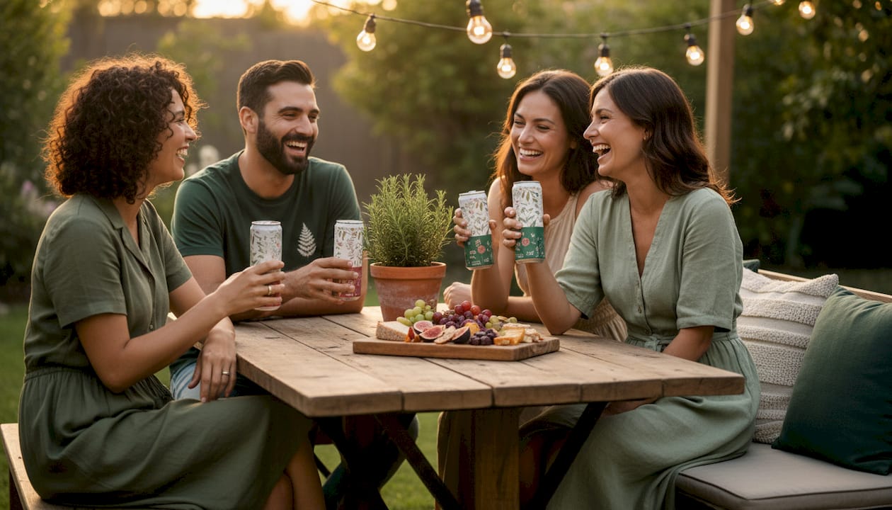 Friends enjoying alcohol-free gathering with THC drinks