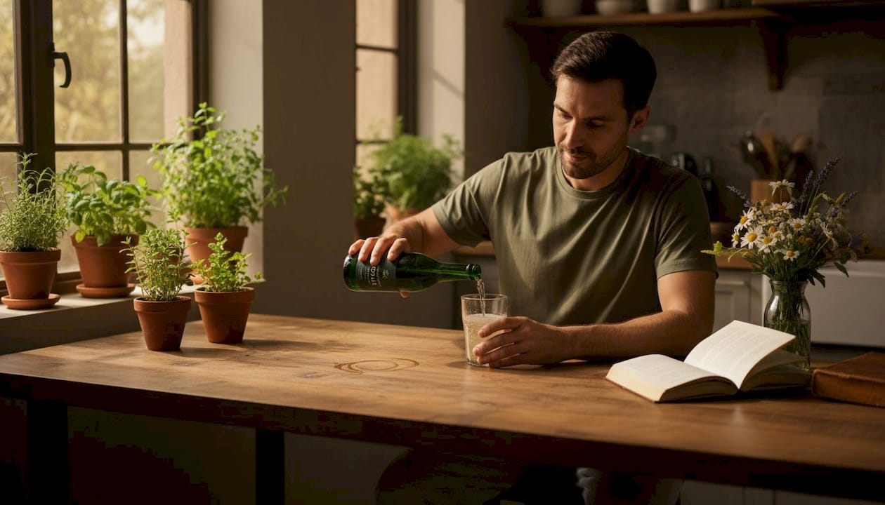Man pouring cannabis seltzer in sunlit kitchen