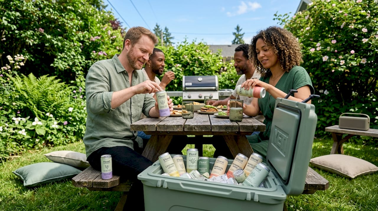 Adults gathering around picnic cooler with seltzers
