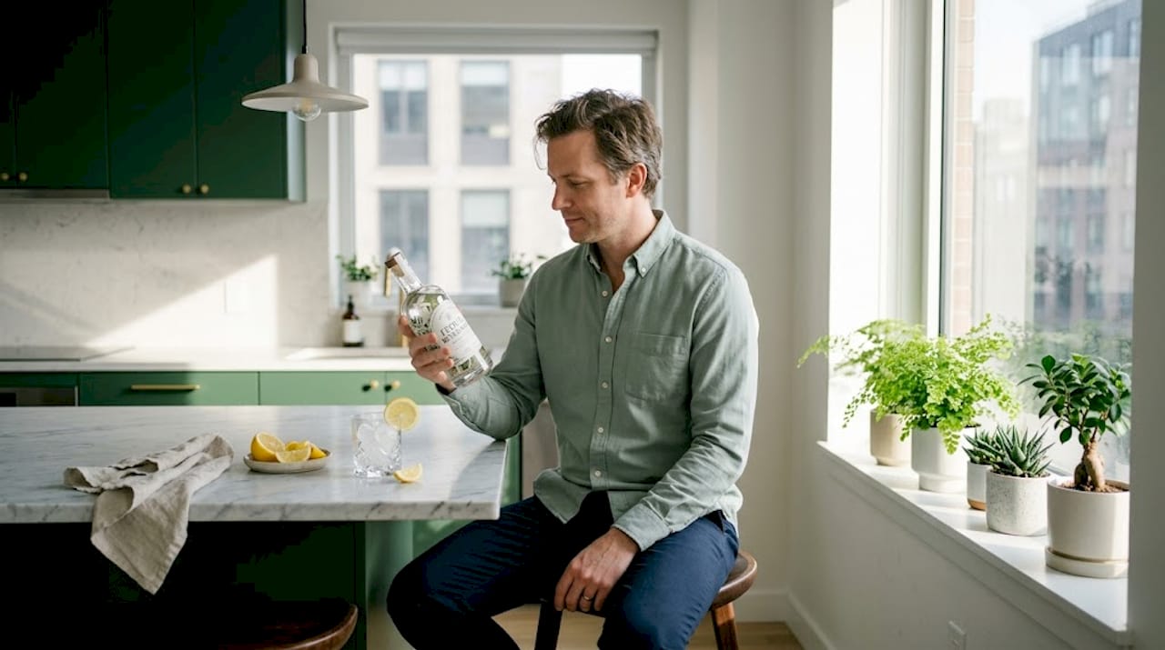 Man reading cannabis beverage label in kitchen