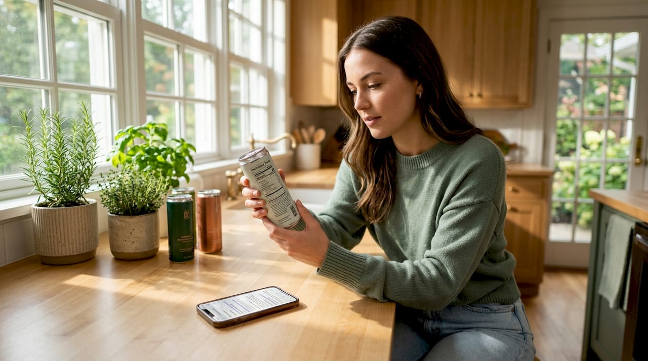 Woman checking label on THC drink can