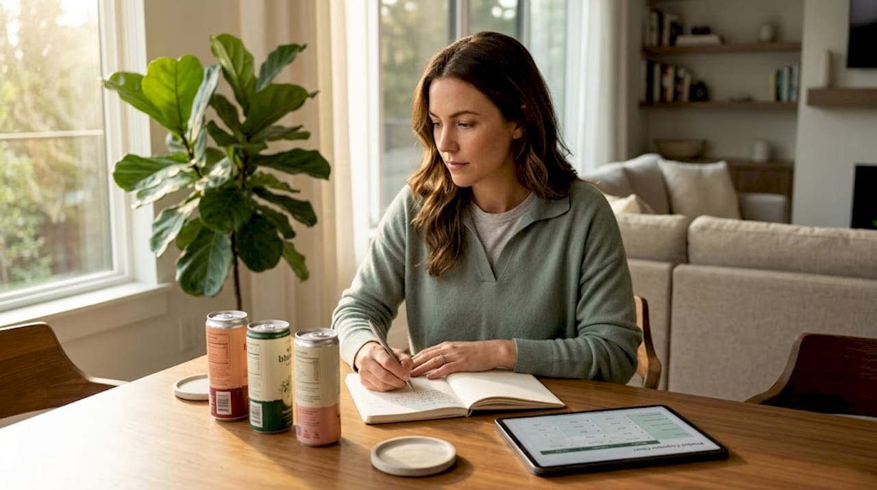Woman comparing THC beverage cans at kitchen table