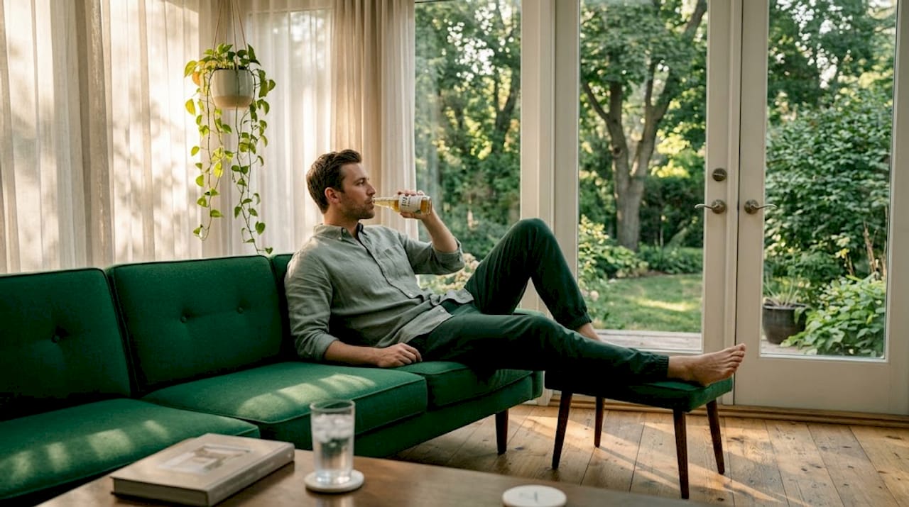 Man sipping THC beverage on living room sofa