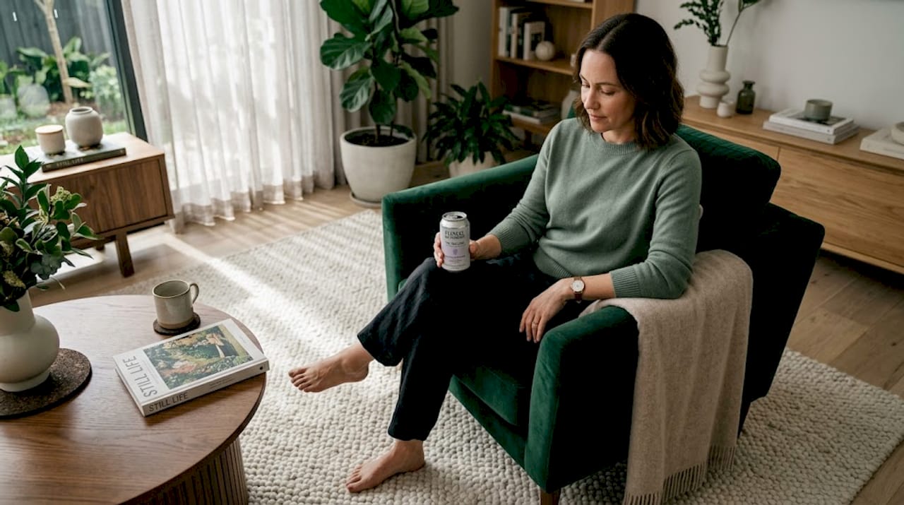 Adult enjoying THC drink on sunlit sofa