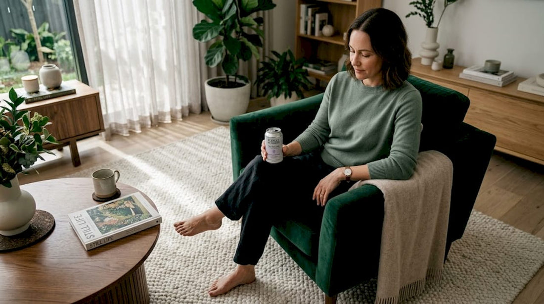 Adult enjoying THC drink on sunlit sofa