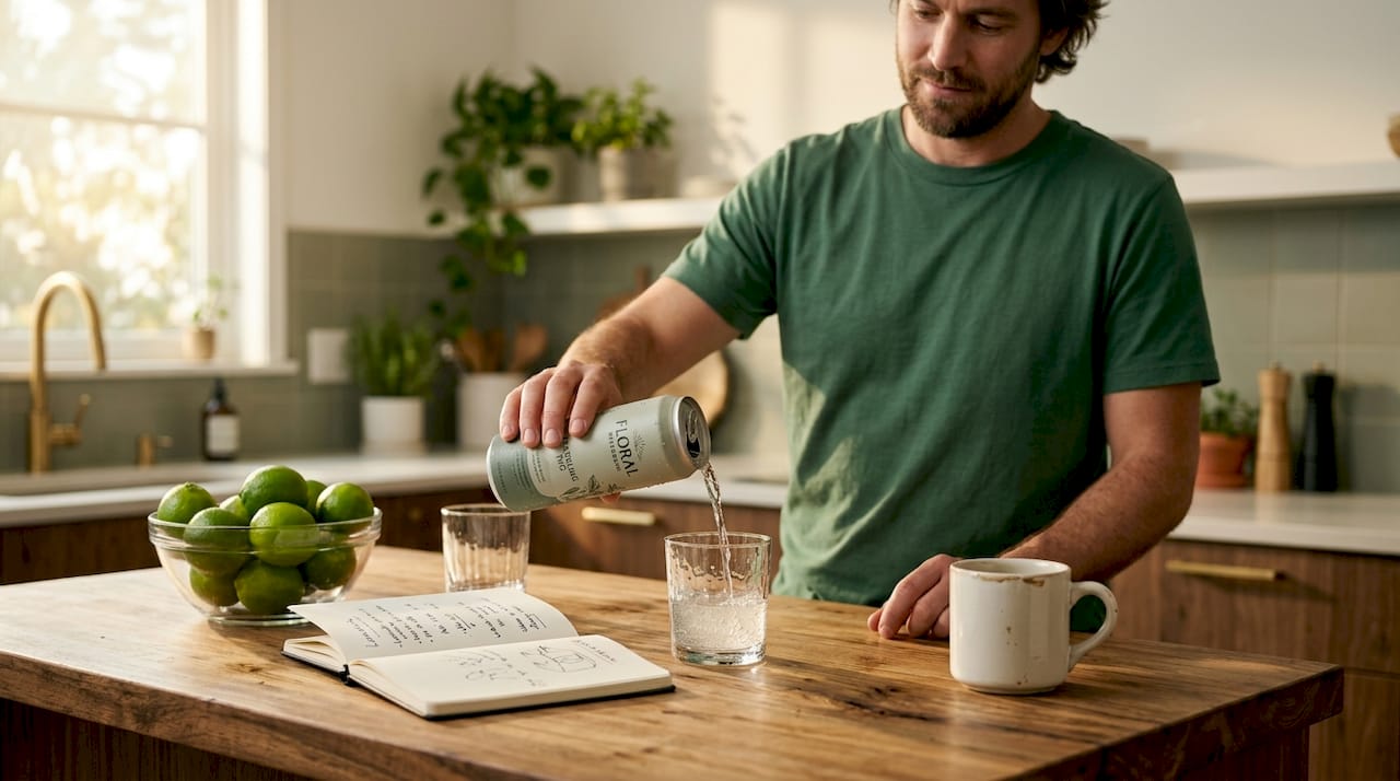 Man pours THC beverage in bright kitchen