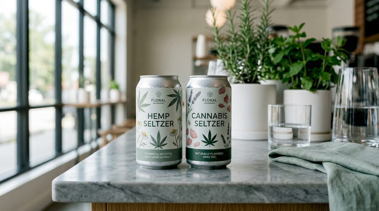 Close-up of hemp and cannabis seltzer cans on kitchen counter