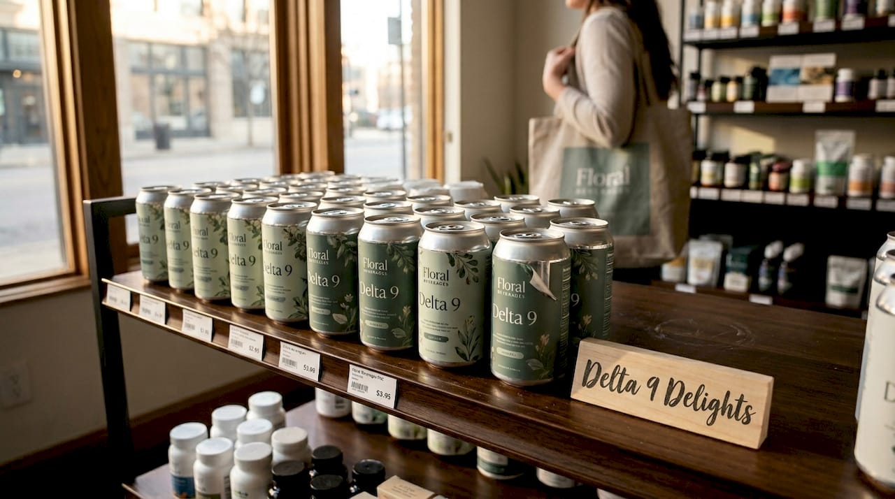 Retail shelf with delta 9 THC drinks