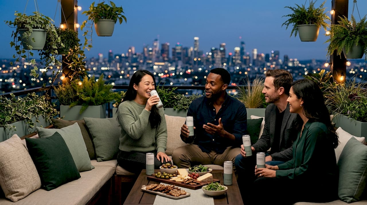 Social adults enjoying calorie-free THC drinks outdoors