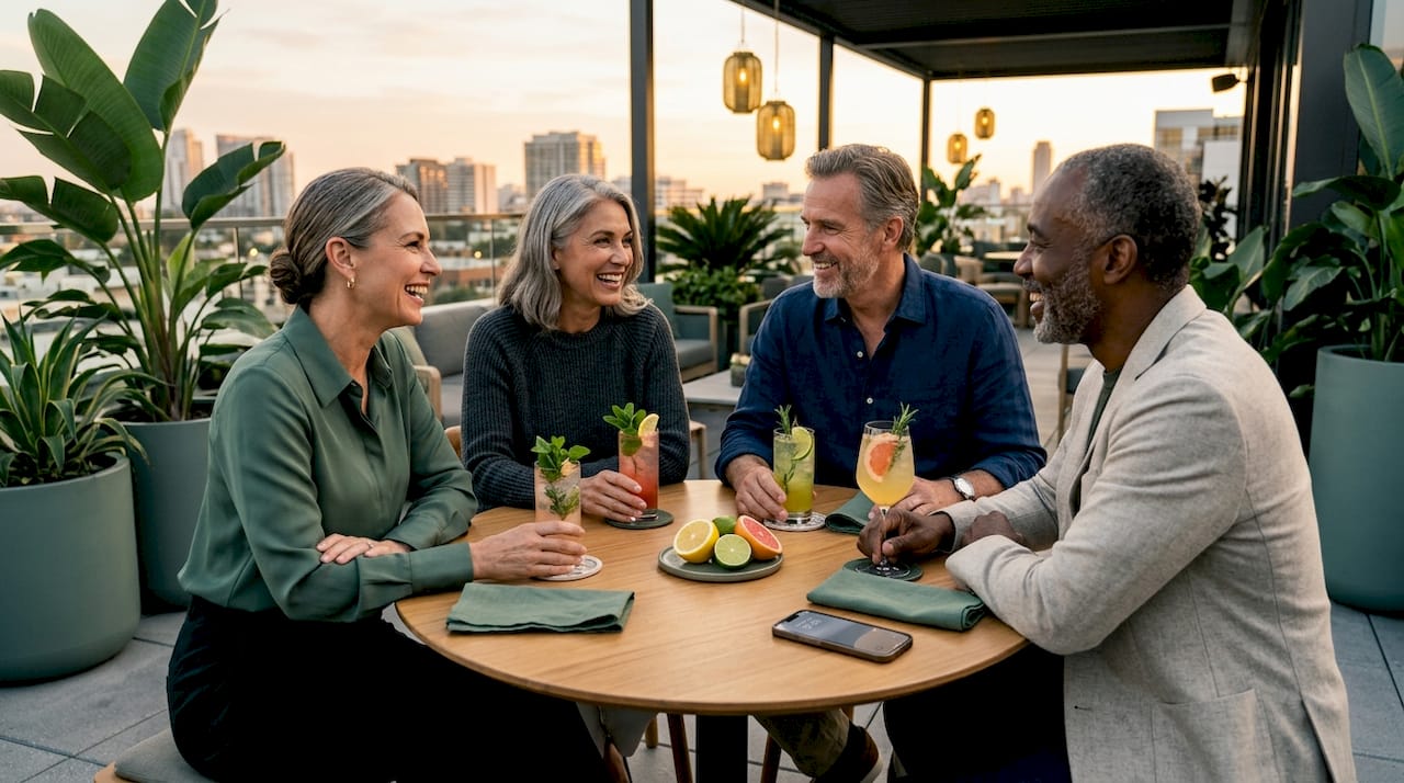 Adults socializing with non-alcoholic drinks at rooftop bar