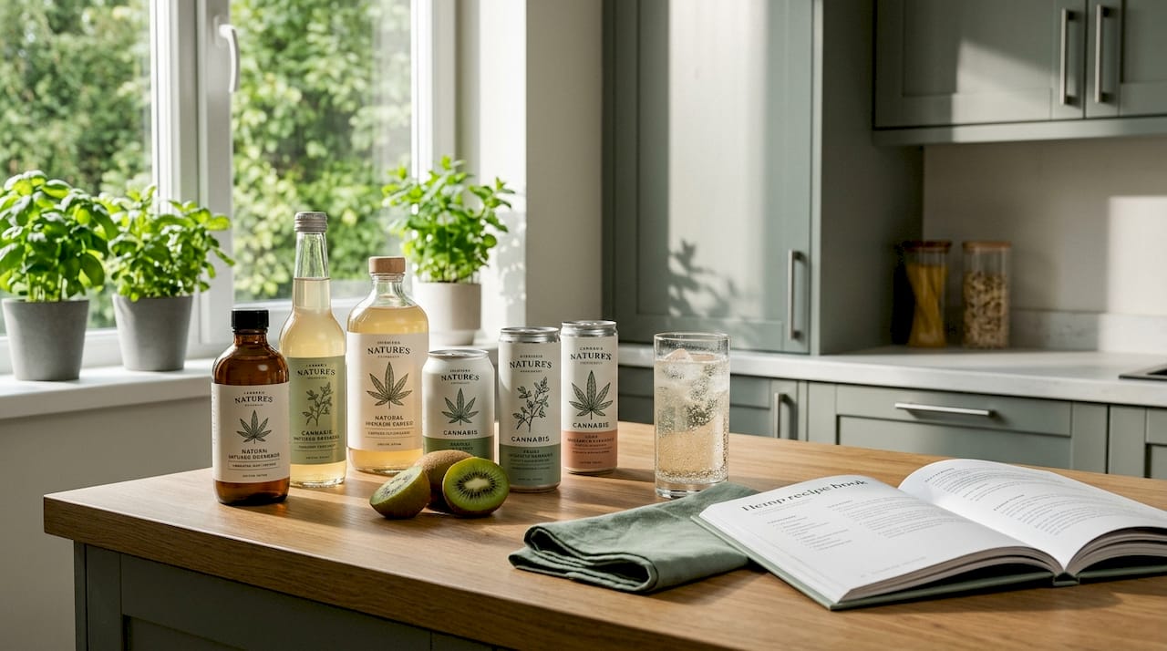 Assorted cannabis beverage bottles on kitchen countertop