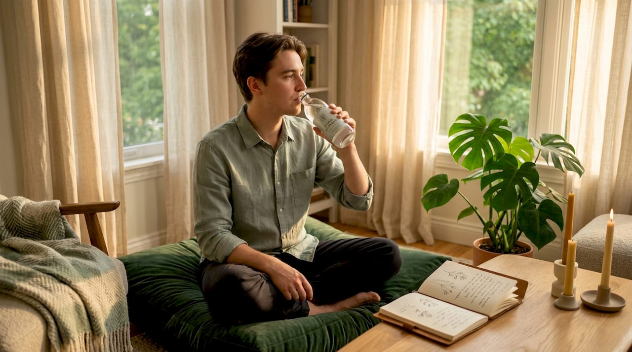 Person calmly drinking THC beverage at home