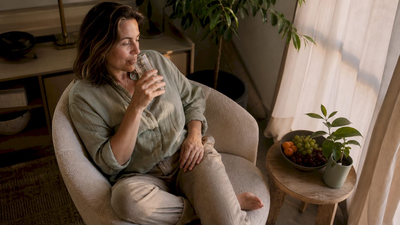 Woman tasting THC sparkling drink at kitchen island