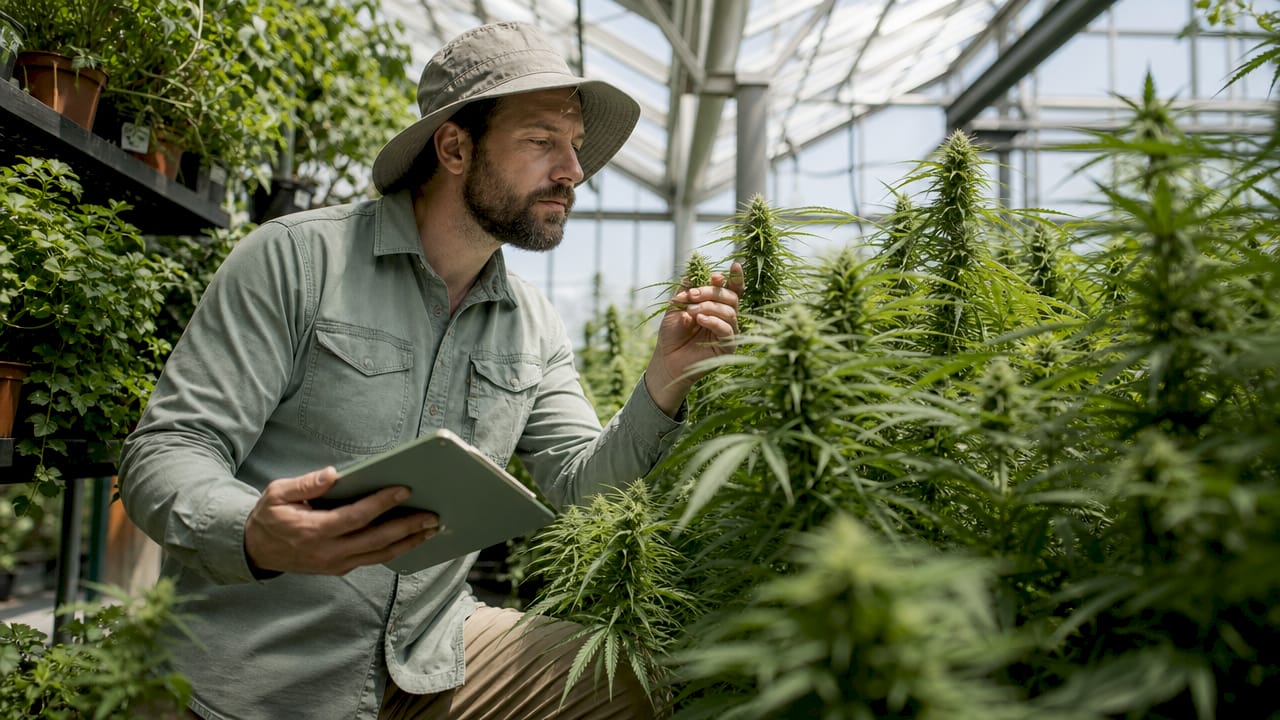Agronomist inspecting hemp plants in field