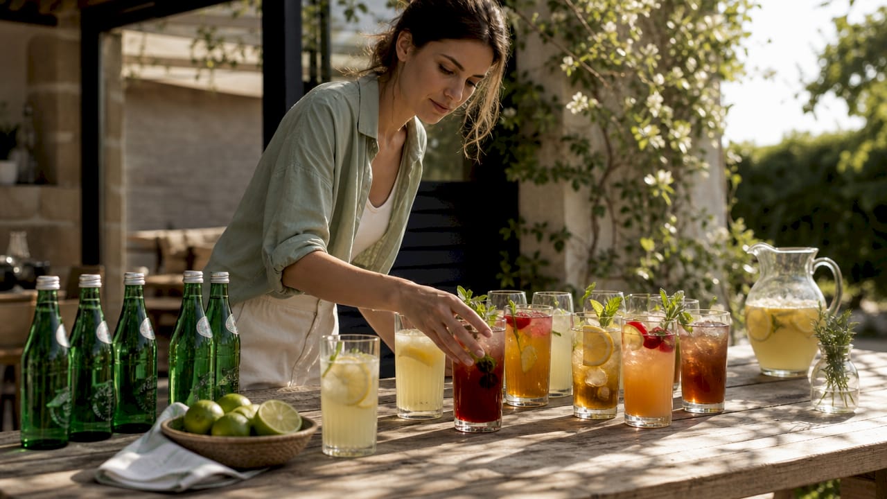 Woman arranging non-alcoholic drinks on table