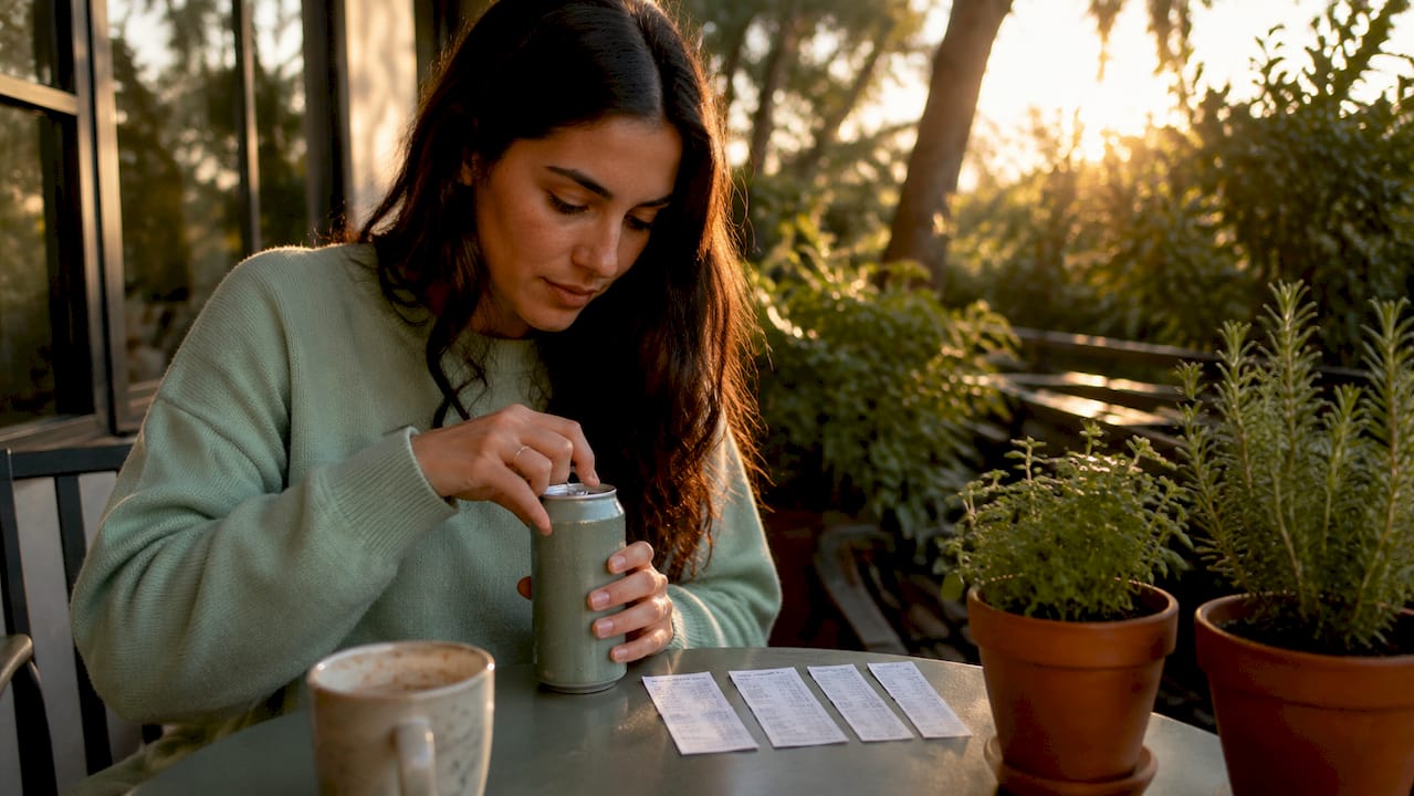 Woman comparing calories on beverage cans