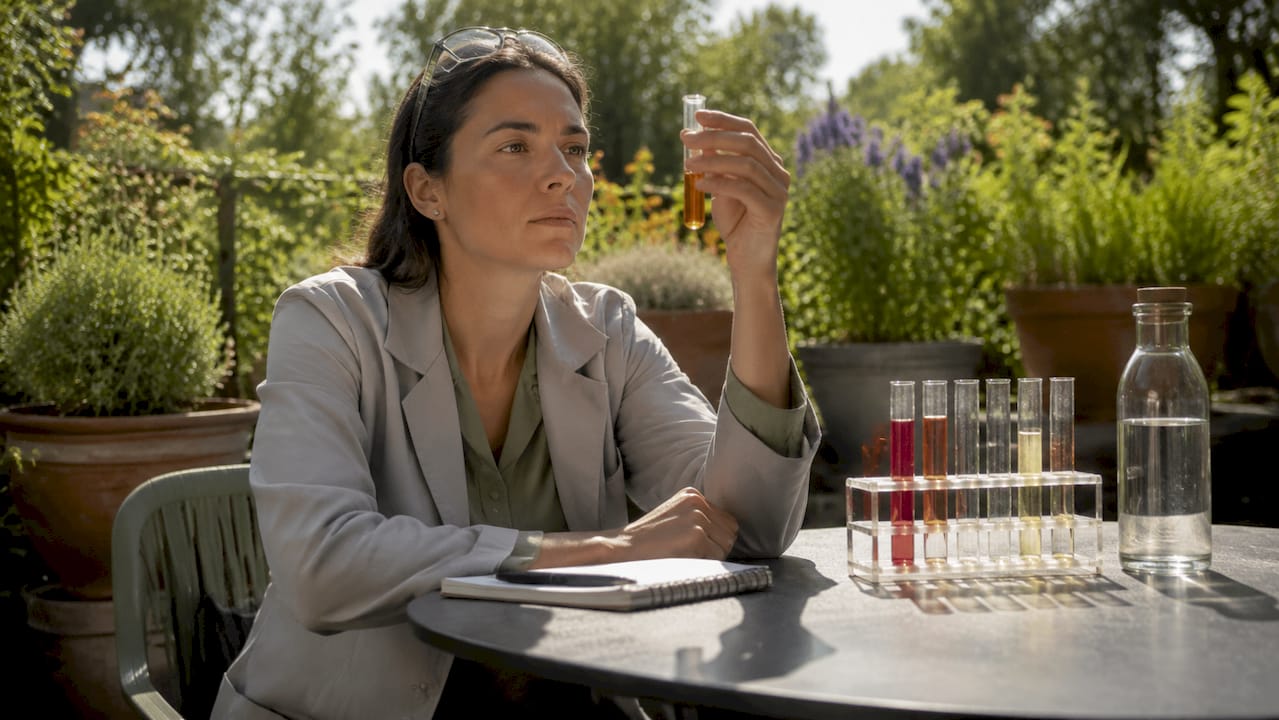 Scientist examining functional beverage samples in lab